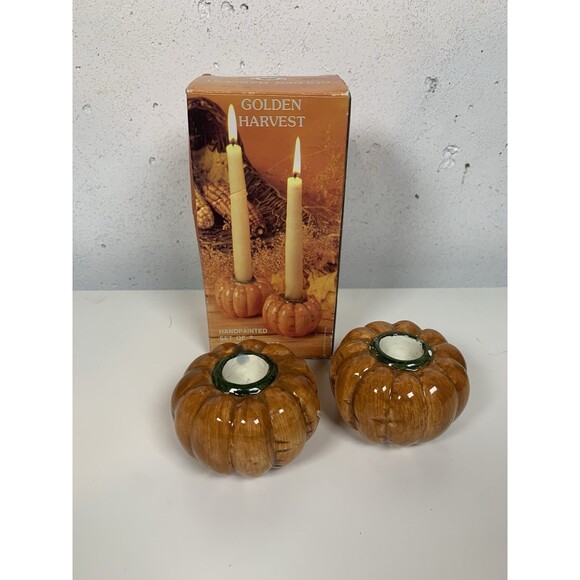 VNT Golden Harvest Pumpkin Candle Holders Set Of 2 Halloween Thanksgiving - Picture 1 of 7
